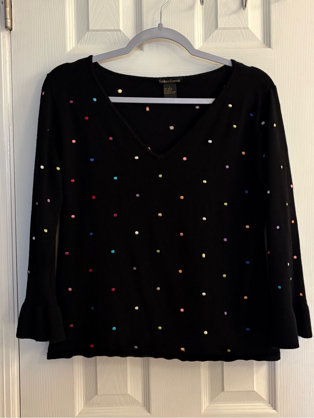 Vintage Sydney Easton Black Sweater Multicolored Polka Dots Flared Cuffs Size L.